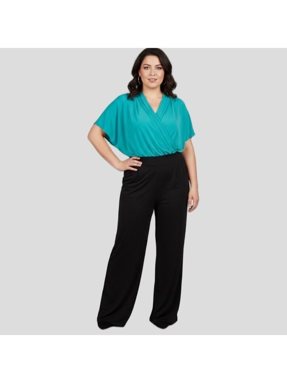 NINA LEONARD One Piece Jumpsuit Green Top Black Elastic Cuff Bottom size XL